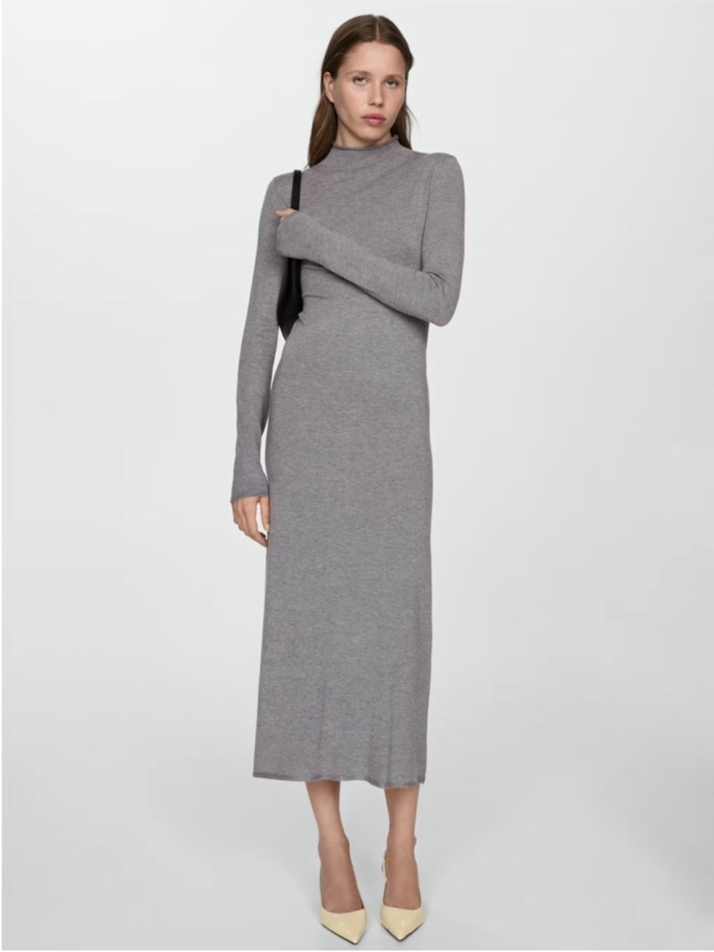 Mango Gray Long-Sleeve Mock Neck Knit Maxi Dress